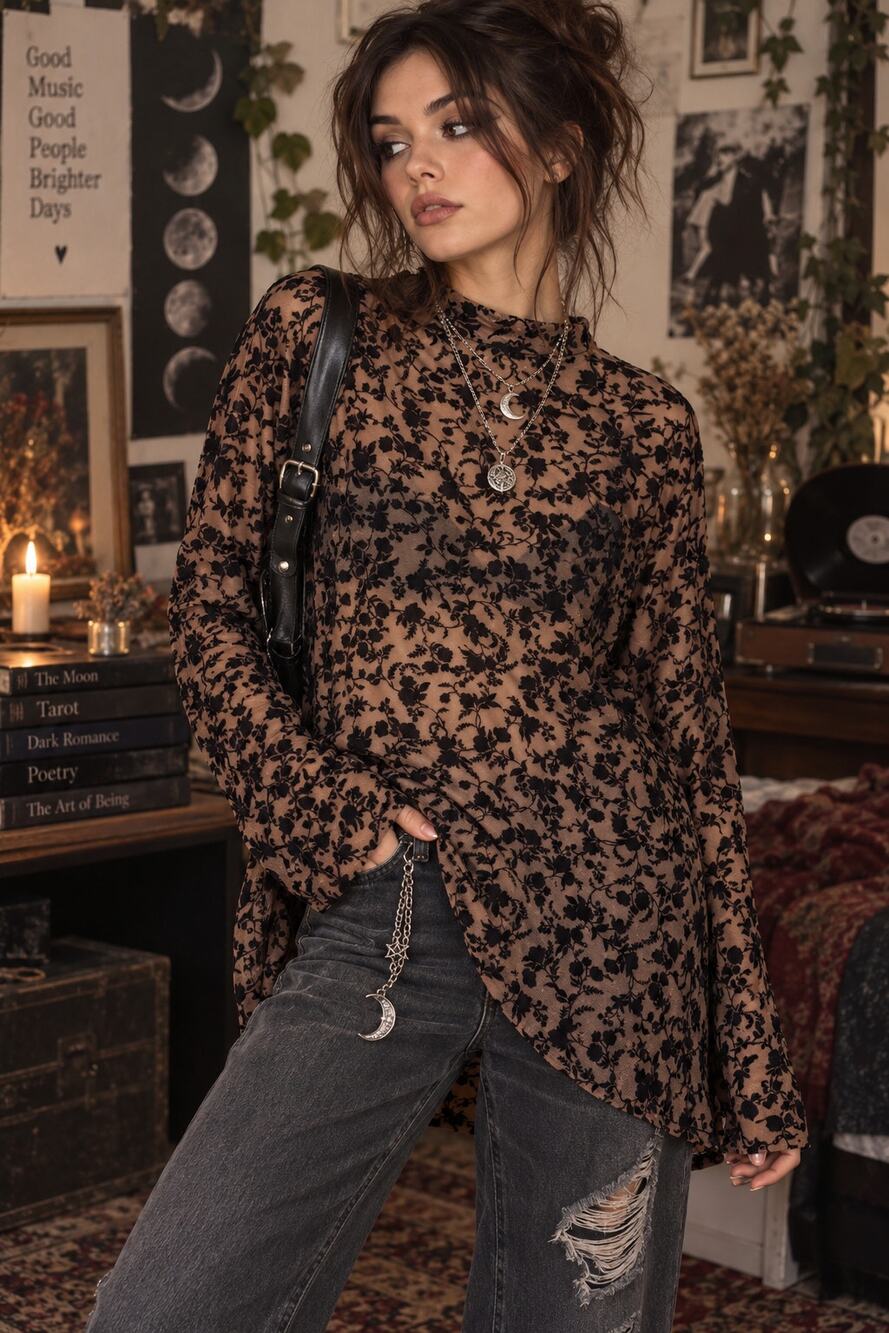 Y2K Retro Velvet Flocked Floral Mesh Top Mock Neck Sheer Blouse 10/12 L